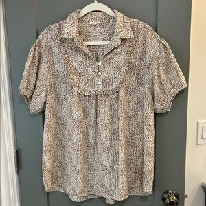 JODIFL Cream and Brown Patterned Blouse Size Medium